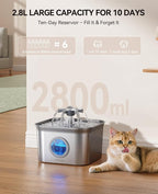 Stainless Steel Cat Water Fountain, 2.8L with 20dB Ultra-Quiet Pump- Ideal for Timid Pets, LED Water Level Window, Dishwasher Safe, 24/7 Circulation- Includes 6 Replacement Filters