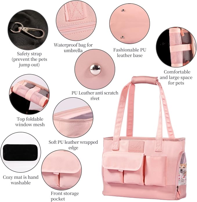 Dog Carrier, Cat Carrier, Pet Carrier, Foldable Waterproof Premium PU Leather Oxford Cloth Dog Purse, Portable Tote Bag Carrier for Small to Medium Cats and Small Dogs (Pink)