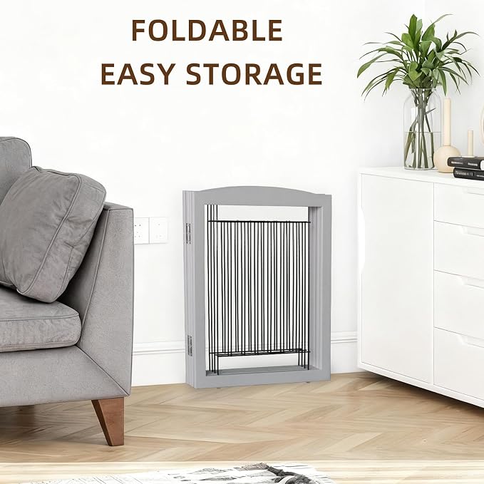 ZJSF Freestanding Foldable Dog Gate for House Extra Wide Wooden Grey Puppy Gate Stairs Dog Gates Doorways Tall Pet Gate 32" Height 4 Panels Pet Fence