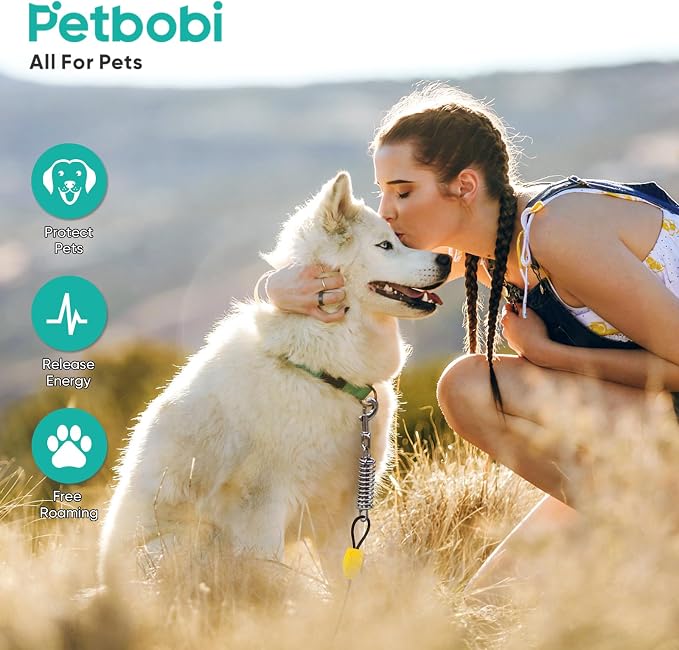 Petbobi Dog Tie Out Cable and Stake, 30ft Heavy Duty Dog Leads for Yard | 4in Shock Spring, 16in Spiral Ground Anchor, 360° No-Tangle Swivel, Chew-Proof Rustproof Wire, Up to 120 lbs, Outdoor Camping