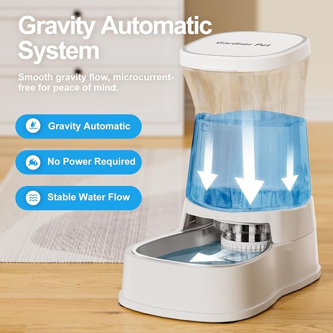 Automatic Gravity Water Dispenser for Dogs, 1Gallon Stainless Steel Water Bowl Dispenser, 100% BPA-Free Dog Water Fountain Dispenser for Small&Medium Dogs, Cats, Puppies(White)