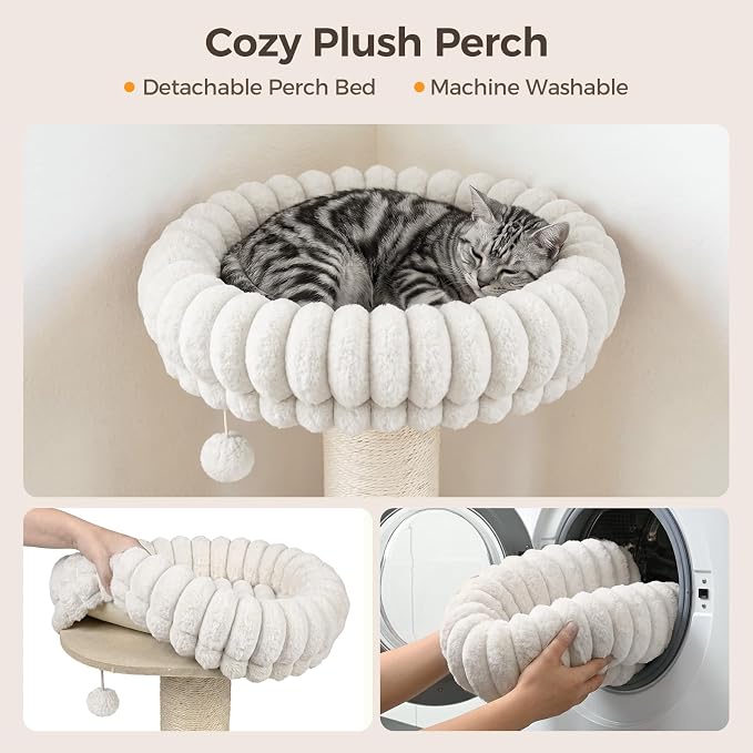 Avont 29" Sisal Cat Scratching Post with Large Plush Perch, Cream | Large Cat Scratcher Tower & Plush Elevated Cat Bed with Removable & Washable Cover, Sturdy Cat Perch for Indoor Cats