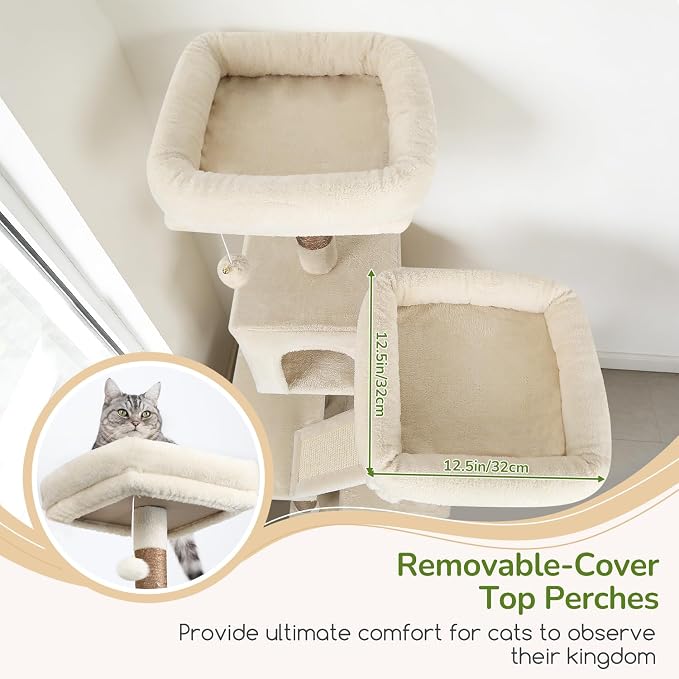 Globlazer F74D Cat Tree for Large Cats 20+ lbs, 74in Tall Tower, Beige | Easy Assembly, Maine Coon, Large Cats, 2 Condos, Steel-Rim Basket Bowl, Plush Bed, 2 Perches, Sisal Posts, Anti-Topple Strap