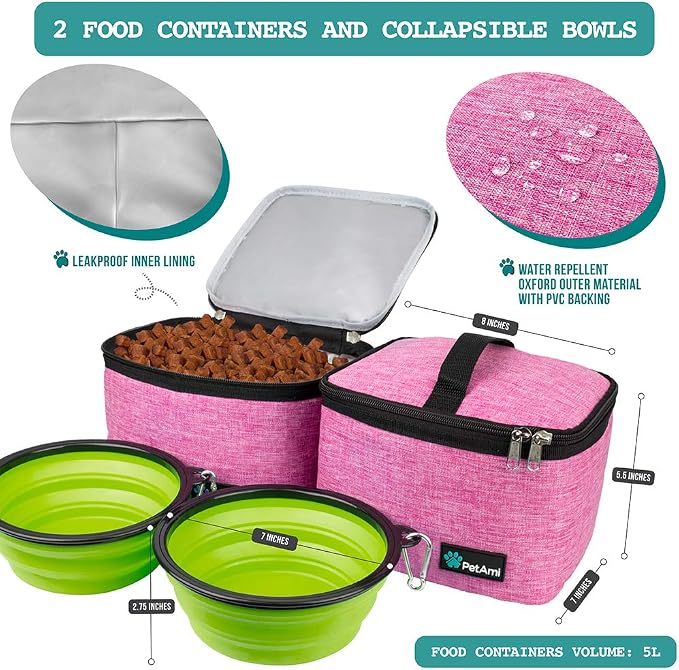 PetAmi Dog Travel Bag Organizer, Pet Travel Kit with 2 Food Containers & 2 Collapsible Dog Bowls, Pet Supplies Tote with Luggage Sleeve, Weekend Road Trip Camping Essentials, Pink, Large