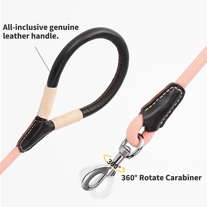 Mile High Life Pink Dog Leash with Genuine Leather Handle, 4/5/6 FT | Rope Leash, Heavy Duty 360° Swivel Metal Clasp, for Small Medium & Large Dogs (Light Pink, 72 Inch)