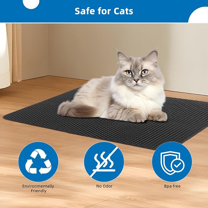 Cat Litter Mat for Indoor Cats EVA Double-Layer Litter Box Mat Washable for Easy Cleaning Cat Rug Collects Litter and Prevents Liquid Leakage (Gray, 23.6×30inch)