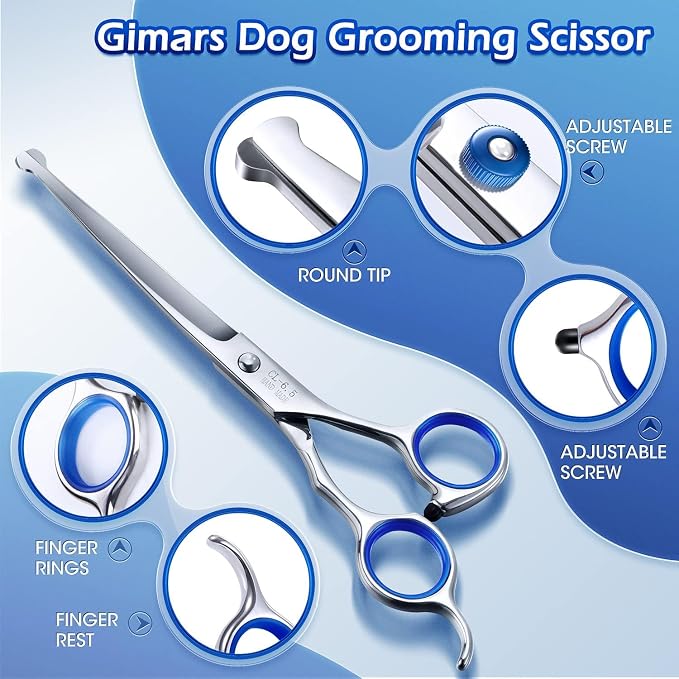 Gimars Professional 5 in 1 Grooming Scissors for Dogs 4CR with Safety Round Tip, Heavy Duty Titanium Coated Straight & Thinning & Curved Shears