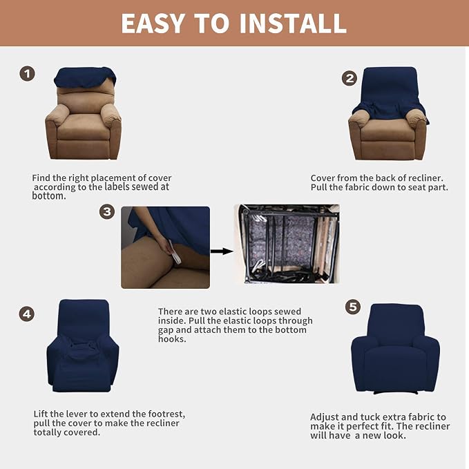 Easy-Going 100% Waterproof Recliner Chair Cover，1-Piece Recliner Slipcover | Dual Waterproof Couch Cover for Recliner，Leakproof Furniture Protector for Kids Pets Dog Cat Daily Stain, Navy
