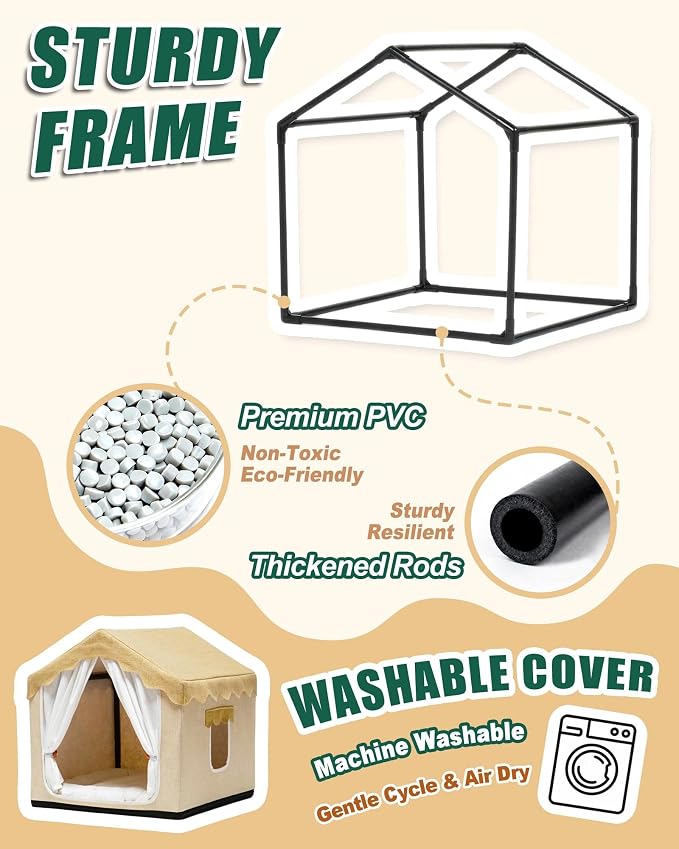 Indoor Dog House, Breeze Pet Tent with Sturdy Frame & Window, Dog Cave Bed with Washable Cover for Cat & Small Dogs (8-20 lb), 18", Cream