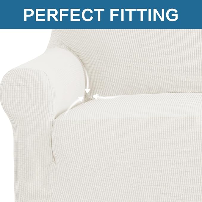 H.VERSAILTEX Stretch Couch Covers for Sofa 1 Piece Slipcovers for Couches and Sofas 3 Seater Couch Cover Feature Thick Checked Jacquard Fabric with Elastic Bottom(Sofa 72"-88" Wide, Porcelain White)