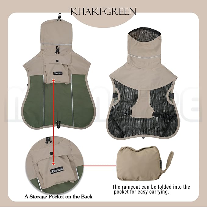 MAMORE Dog Raincoat, Waterproof Rain Jacket for Small Medium Large Dogs, Windproof Reflective Adjustable Breathable Pet Rain Coat with Storage Pocket and Leash Holes (Tan Green, Small)