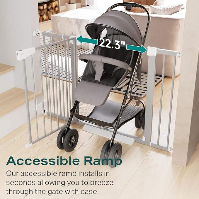 Cumbor 30-46" Baby Gate for Stairs, Auto Close Dog Gate Indoor Gray | Easy Install Pressure Mounted Pet Gates for Doorways & Hallways, Dual Lock Easy Walk Thru Safety Gate Indoor for Kids and Pet