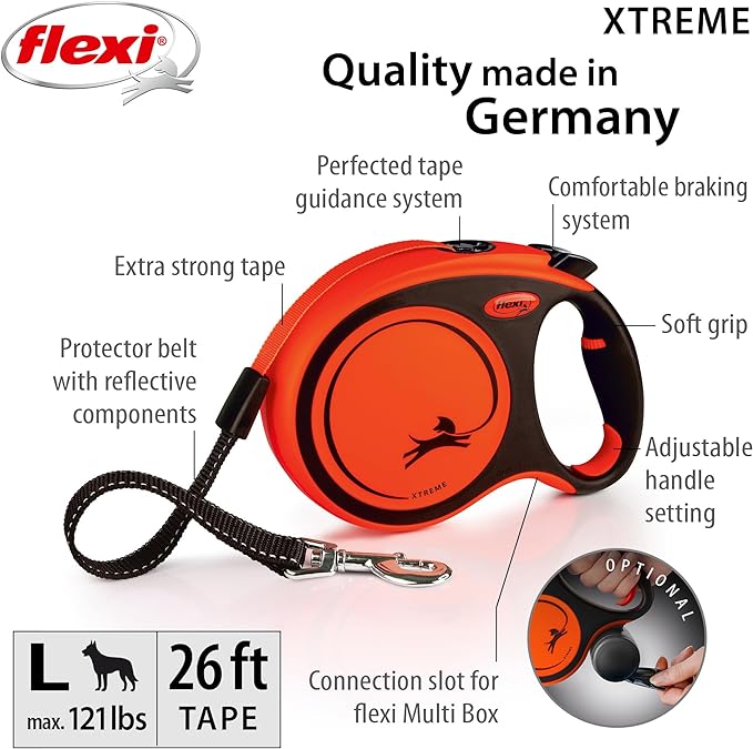 FLEXI® Xtreme Tape Retractable Dog Leash, Large, 26 ft - Orange/Black | German engineered, original flexi leash, durable quality for dogs up to 121 lbs, tangle-free, walking, reliable brake system