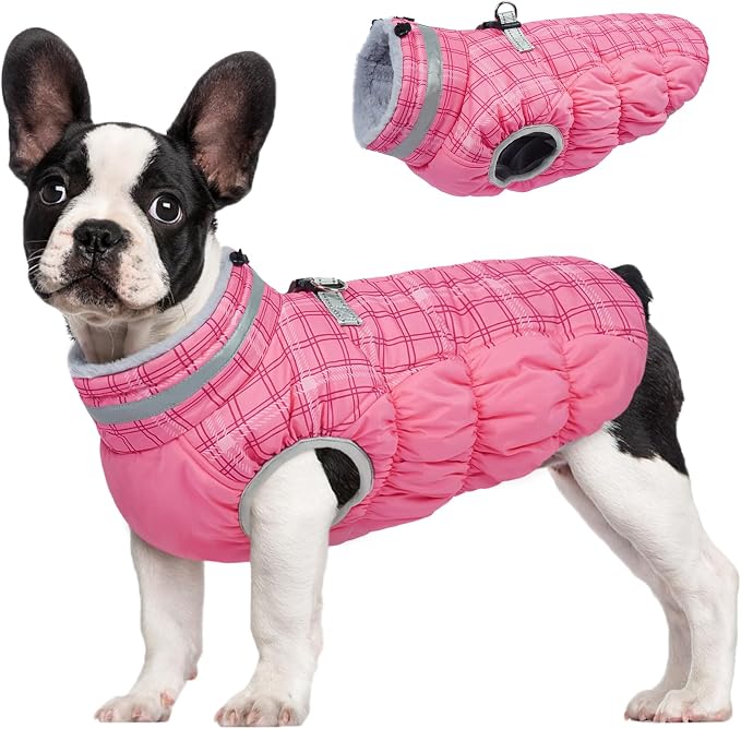 FUAMEY Dog Winter Coat Fleece Warm Medium Dog Coat with Harness Built in | Dogs Cold Weather Fleece Coats Zip up Reflective Dog Winter Vest Windproof Water Resistant Snow Coats Rose Plaid M