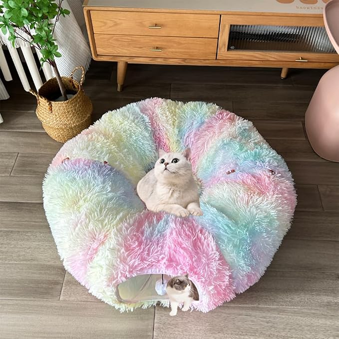Cat Bed Tunnel Tube Toy Rainbow Plush | Collapsible Round Tunnels for Indoor Cats, Interactive Toys Play Tubes with Hanging Ball for Kitten, Puppy, Rabbit