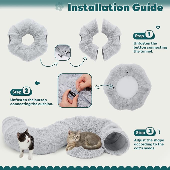 DUMOS Cat Tunnel Bed for Indoor Cats, Cave Donut Play Tunnel, Grey | Soft Plush Peekaboo, Washable Circle Cushion, Multifunctional Playground Under Tree Toys for Kittens, Puppy, Rabbit, Ferret