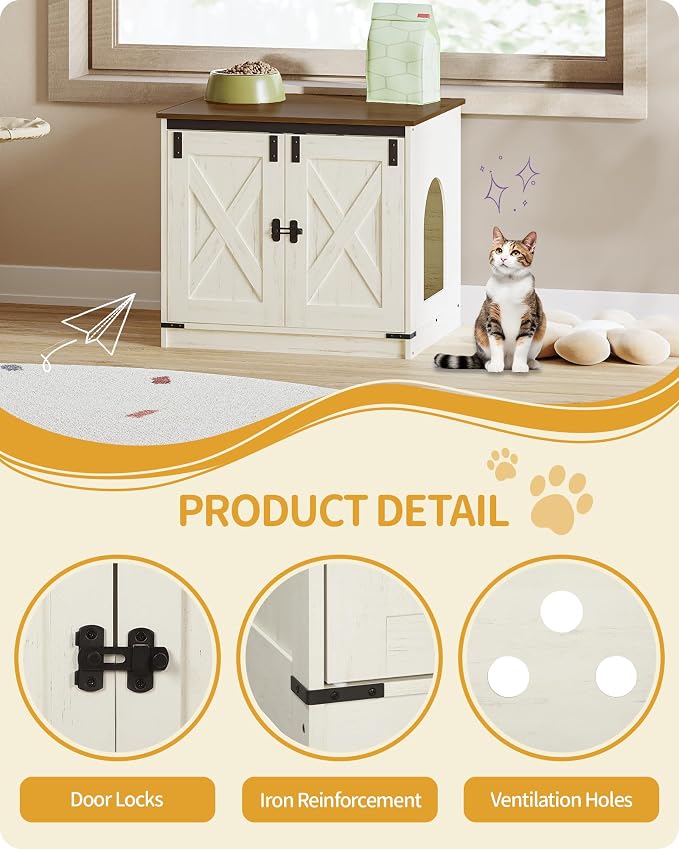 Hzuaneri Cat Litter Box Enclosure, Hidden Litter Box Furniture with Divider | Wooden Cat Cabinet with Removable Dividers, Reversible Entrance Left or Right Side, Cat Washroom, Rustic White Brown CB84514X