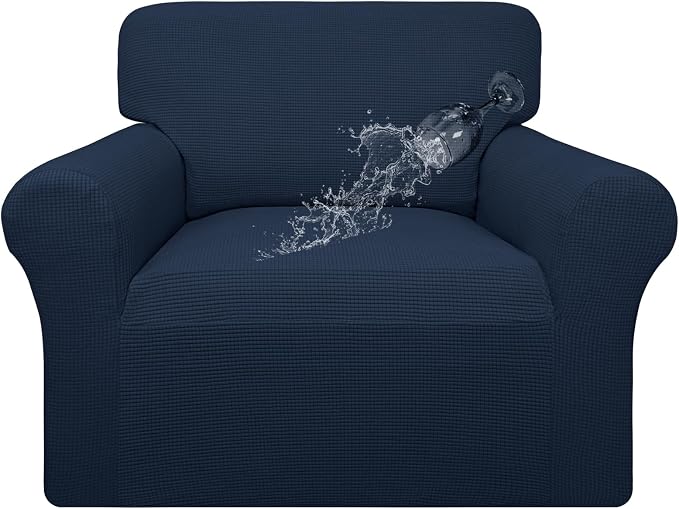 Easy-Going 100% Waterproof Chair Couch Cover, Stretch Jacquard Sofa Cover | Dual Waterproof Sofa Slipcover, Leakproof Furniture Protector for Kids, Pets, Dog and Cat (Chair, Dark Blue)