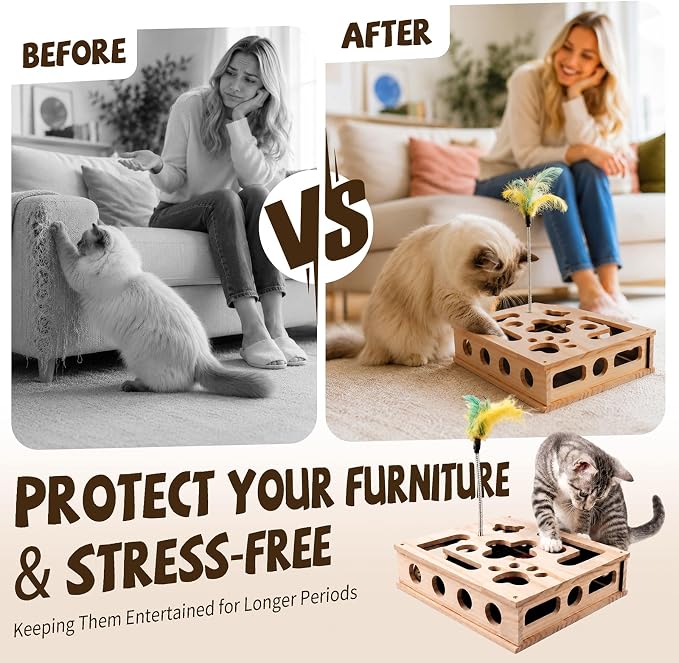 Cat Nail File Enrichment Box Scratch Puzzle Toy with Slot Lock Screws | 11.8in Solid Wood Cat Scratcher with 180-Grit Sandpaper Slot Lock 8 Screws Bell Balls Feather Teaser Indoor Claw Care Toy