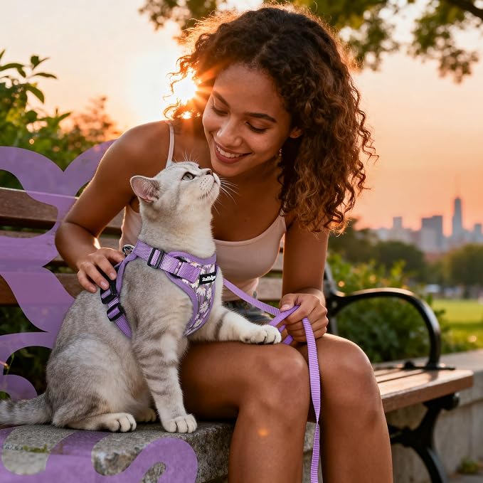 rabbitgoo Cat Harness and Leash Set, Escape Proof Vest, Purr-ple Daisy | Soft Breathable Mesh, Easy Adjustable Fit, Snap Buckles, Sturdy Clip, Reflective Strips, for Kittens & Small Cats Walks, Xxs