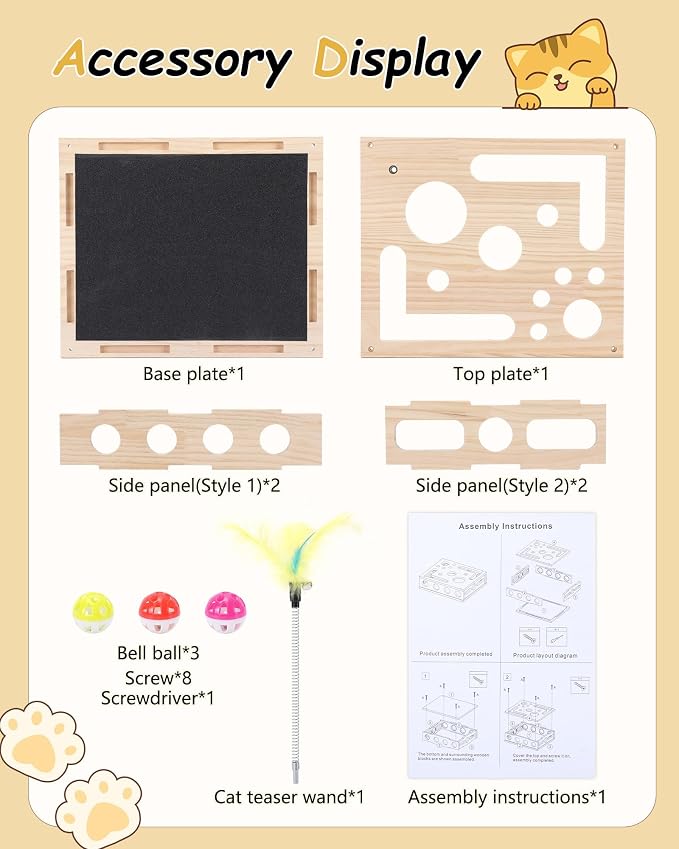 Cat Toys for Indoor Cats – Interactive Wooden Puzzle Box | with Nail File Scratcher, 3 Jingle Balls & Feather Wand, Hunting Play Toy for Bored Felines