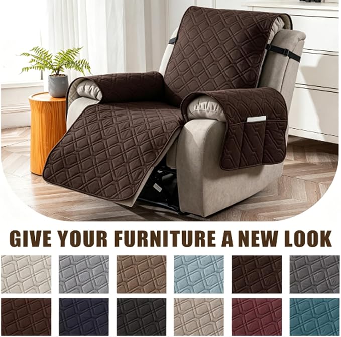 100% Waterproof Recliner Chair Cover, Non-Slip Washable Recliner Slipcover with Elastic Straps & Side Pocket, Stay in Place Furniture Protector for Dogs Cats Kids(Chocolate, 23)