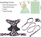 Petmolico Large Dog Harness Set, Reflective Vest Harness, 2 Leash Attachments, Rope Leash, Poop Bag Holder, Black with Pink Rose