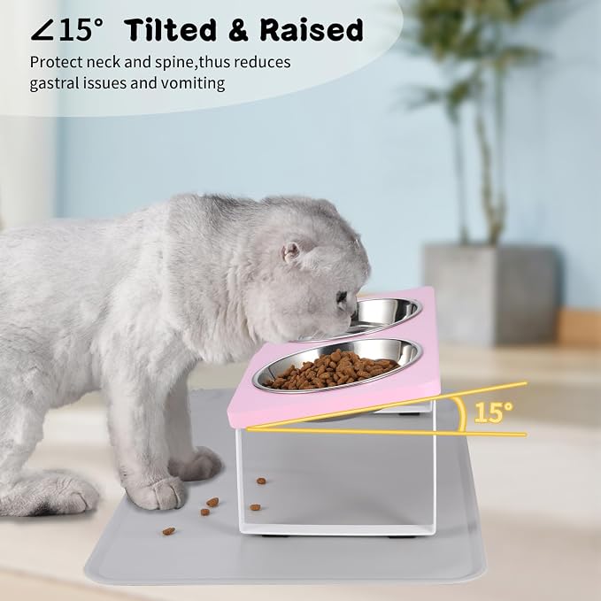 Summark Upgraded Elevated Cat Bowls with Food Mat,15°Tilted Stand Anti Vomiting Raised Cat Dishes for Food and Water,2 Stainless Steel Bowls for Cats and Puppy（Pink）