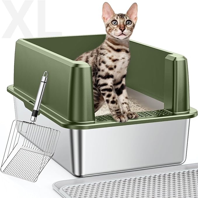 XL Stainless Steel Litter Box, Large Metal Cat Litter Box with High Sided for Big Cats, Enclosed Litter Boxes with Lid, Easy-Clean Cat Litter Mat & Scoop Kit, Non Sticky, Anti-Urine Leakage