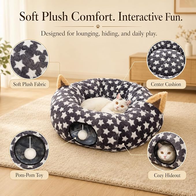 Large Cat Tunnel Bed Under Christmas Tree with Fluffy Toy Balls, Small Cushion and Flexible Design- 10 inch Diameter, 3 ft Length- Great for Cats, and Small Dogs, Gray Star Pattern