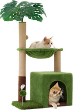 WOOCHPET Palm Tree Cat Tree 37 Inch Scratching Post Tower Tropical Jungle Playground with Natural Jute Sisal Rope Cozy Plush Hammock Private Cave Condo Toy Mouse Stable Faux Grass Base