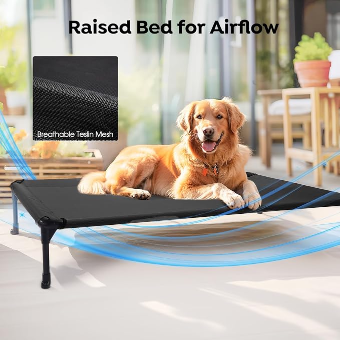 Veehoo Outdoor Elevated Dog Bed with Waterproof Bolster Cushion, Cooling | Raised Dog Bed with Removable & Washable Mat Topper, Breathable Mesh, Dog Couch Cot for Indoor Outdoor, 32", Medium, Black