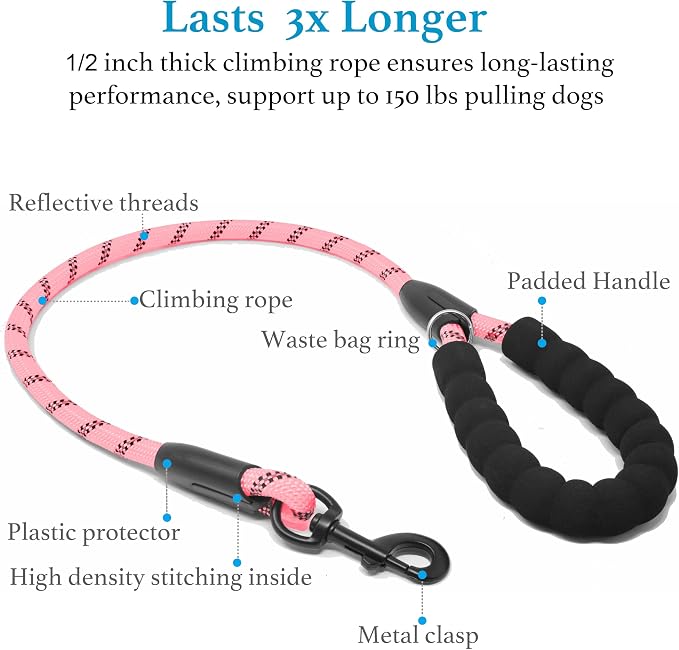 iYoShop Dual Dog Leash - 360° Swivel, No Tangle Walking Leash with Shock Absorbing Bungee for Two Dogs (Medium, 8-35 lbs, Baby Pink)