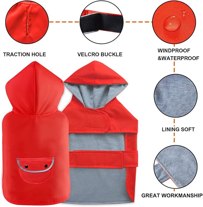 Dog Raincoat Dogs Rain Jacket Reflective Poncho Rainwear Waterproof Pet Clothes Breathable Lined Pocket Hooded Leash Hole Adjustable Small Medium Dogs,Red,L,Back Length 12.8 Inch