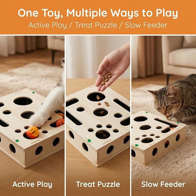 Cat Scratch Puzzle Enrichment Box with Bell Ball, Large Cat Nail File Enrichment Box with Sandpaper Liner, Stress-Free Alternative to Trimming Nails, for Indoor Cats