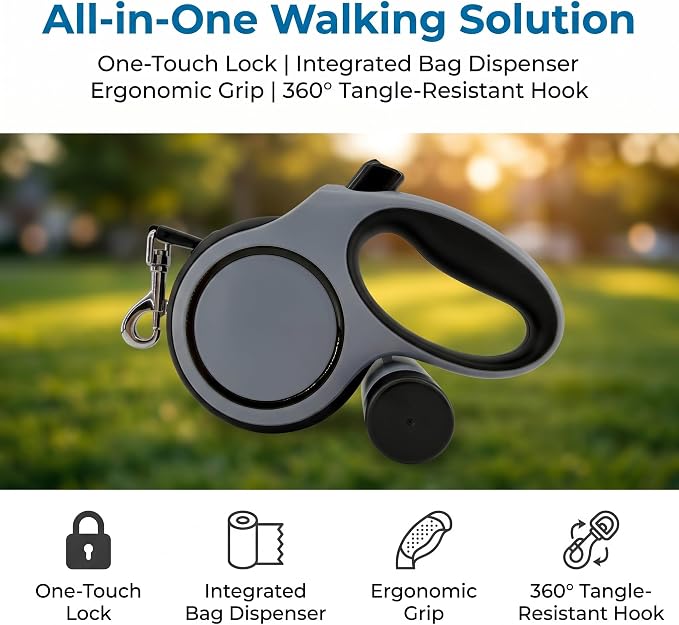 16ft Retractable Dog Leash for Medium Dogs up to 66 lbs, Gray | Heavy-duty nylon tape, tangle-free 360 for medium dogs up to 66 lbs. Built-in waste bag dispenser, one-hand brake & lock.
