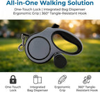 16ft Retractable Dog Leash for Medium Dogs up to 66 lbs, Gray | Heavy-duty nylon tape, tangle-free 360 for medium dogs up to 66 lbs. Built-in waste bag dispenser, one-hand brake & lock.