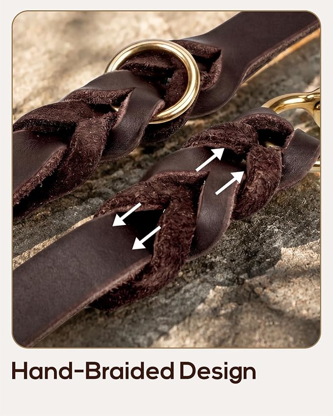 Taglory Leather Dog Leash for Large Medium Dogs, Hand-Braided, 4FT Brown | Strong for Training & Everyday Walks, Soft Grip Full Control, Hands-Free Poop Bag Holder, Rotating Brass Clasp, 3/4 INCH