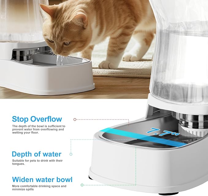 Automatic Gravity Water Dispenser for Dogs, 1Gallon Stainless Steel Water Bowl Dispenser, 100% BPA-Free Dog Water Fountain Dispenser for Small&Medium Dogs, Cats, Puppies(White)