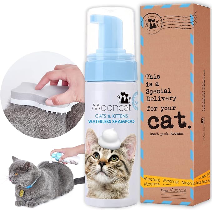 Mooncat Waterless Cat Shampoo + 2-in-1 Cat Bath Brush Set, No Rinse Dry Foam Bath for Short Hair Cats & Kittens, SGS-Tested Lick-Safe, Veterinarian Approved & pH-Balanced, Brush, 5 oz | Waterless shampoo spray, Deodorizes & removes dander, Dual-sided s...