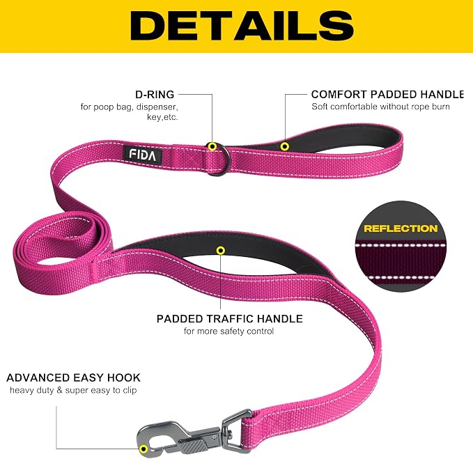 Fida 5 FT Heavy Duty Dog Leash with 2 Comfortable Padded Handles, Traffic Handle & Advanced Easy Snap Hook, Reflective Walking Lead for Large, Medium & Small Breed Dogs, Rose