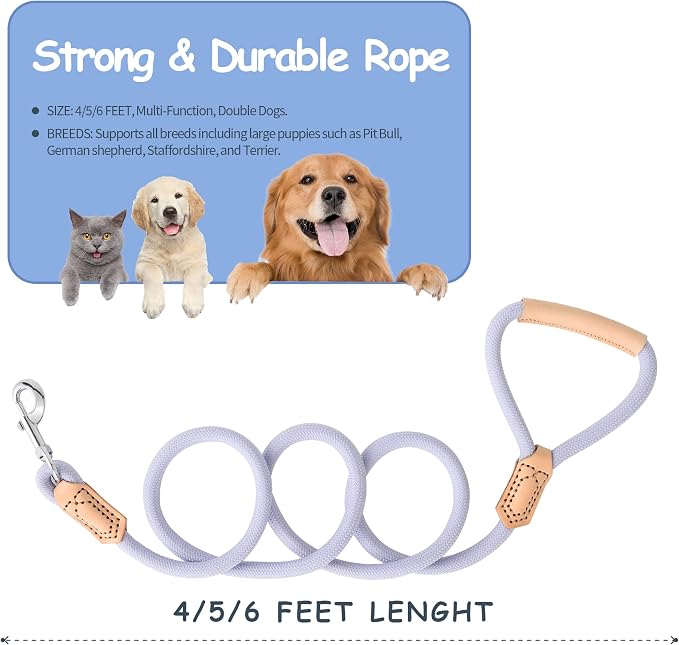 Mile High Life Dog Leash with Genuine Leather Handle, 6 FT/5 FT/4 FT | Leather Grip Rope Leash, Heavy Duty 360° Swivel Metal Clasp, for Small Medium & Large Dogs