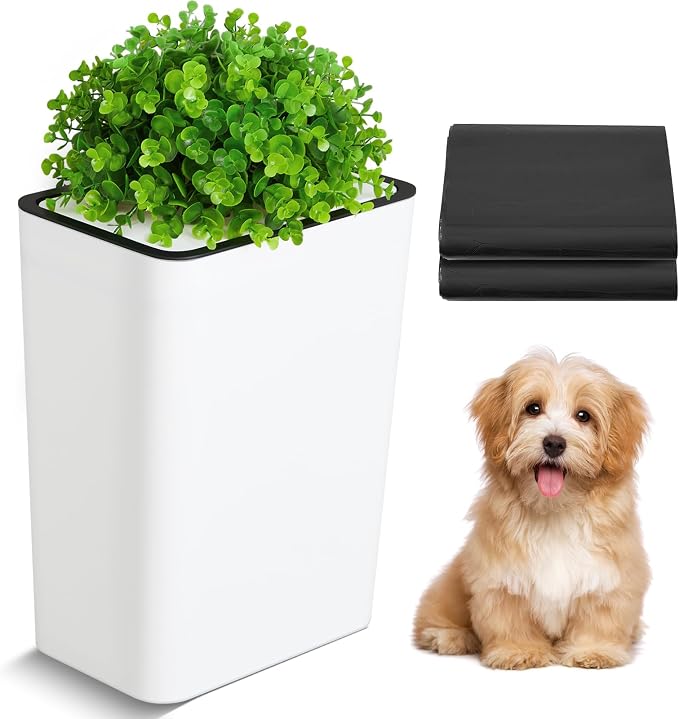 Jingmore Dog Poop Trash Can Outside 3.96 Gal/15 L Plant Styled Dog Waste Trash Can with Lid 50 Waste Bags Outdoor Indoor Poop Container Slim Garbage Bin for Yard Garden Pet (White)