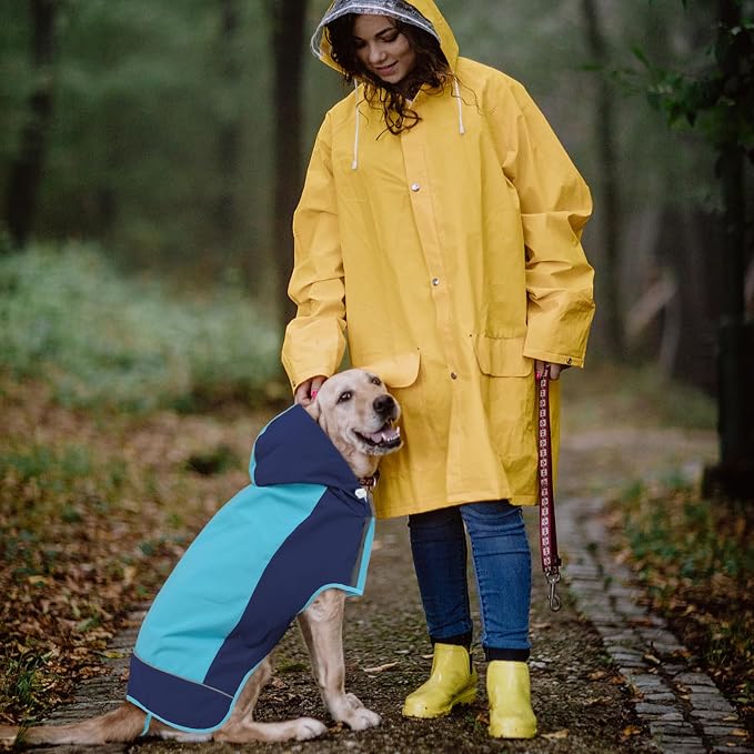 IECOii Hooded Dog Raincoat,Reflective Large Dog Rain Poncho,Ensure Safety in Low - Light Conditions, Adjustable Fit with Magic Sticker,Lightweight Waterproof Pet Rain Coat,Blue,XXL