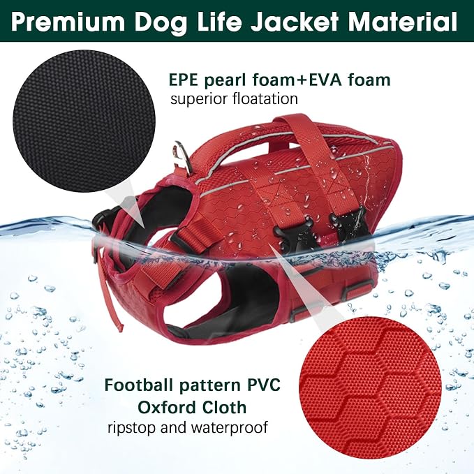 Kuoser Dog Life Jacket, High Flotation Reflective Dog Life Vest, Red, L | Adjustable Dog Lifejackets for Small Medium Large Dogs, Lifevest with Rescue Handle for Swimming, Boating, Lake, Beach & Pool