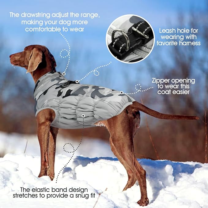 FUAMEY Dog Cold Weather Coats Reflective Dog Warm Jacket with Harness | Fleece Puppy Coat for Small Dogs Snow Puffer Vests with Zipper Reflective Turtleneck Jackets for Winter Gery Camo XS