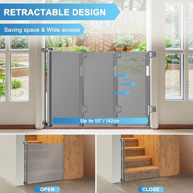 55 Inch Wide Retractable Baby Gate Mesh Dog Gate, Indoor & Outdoor, Gray | Retractable Gate for Stair/Doorway, Space-Saving, Easy One-Hand Operation, Safety Lock, Scratch-Resistant Mesh, Easy Install