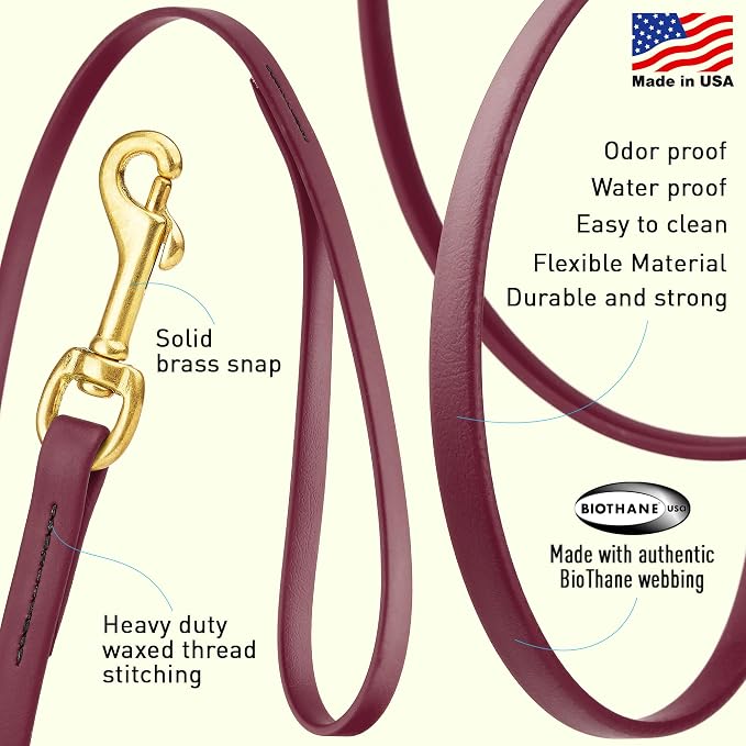 Viper Biothane K9 Working Dog Leash Waterproof Lead for Tracking Training Schutzhund Odor-Proof Long Line with Solid Brass Snap for Puppy Medium and Large Dogs, 10ft Merlot Burgundy