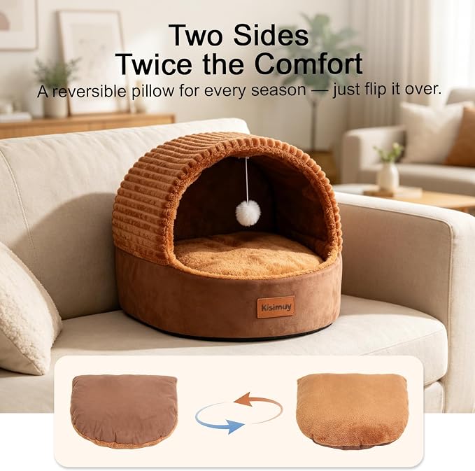 Cat Bed Cave with Pillow & Cat Toys, Cozy Cat Beds for Indoor Cats | 15.7in,Up to 10 lbs, Dual-Sided Cushion, Reversible Comfort for All Seasons, Semi-Enclosed Design, Machine Washable, Brown