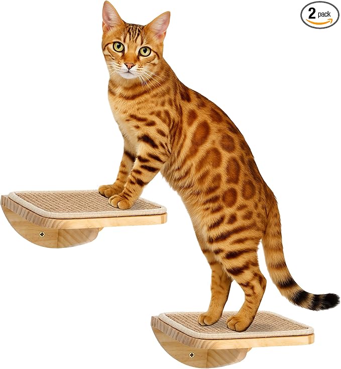 Cat Wall Shelves with Sisal Mat, Cat Wall Furniture Steps for All Breeds | Wooden Cat Wall Shelves with Sisal Mat, 2 Floating Wall Steps, Cat Wall Furniture Steps, Perfect for Climbing and Playing